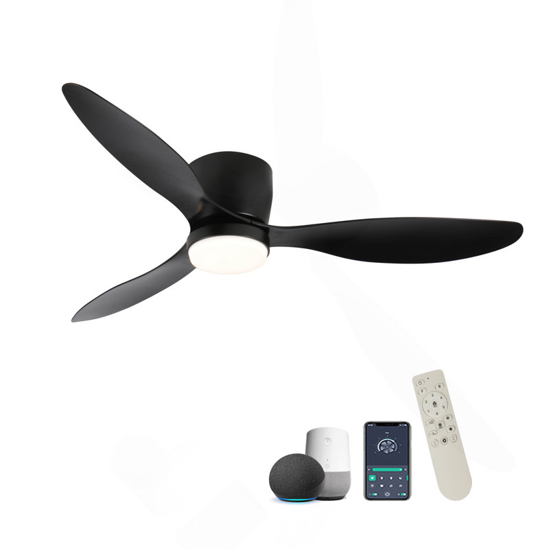52" Smart Flush Mount Black Ceiling Fans With Lights Remote