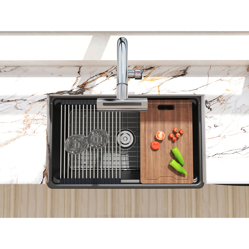 MEJE 33"x20" Black Farmhouse Workstation Kitchen Sink, Cearmic Single Bowl,  Matte Black Color