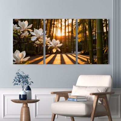«Magnolia Flowers and Bamboo Forest Sunset», reproduction d'art sur toile tendue sur toile, ensemble de 3