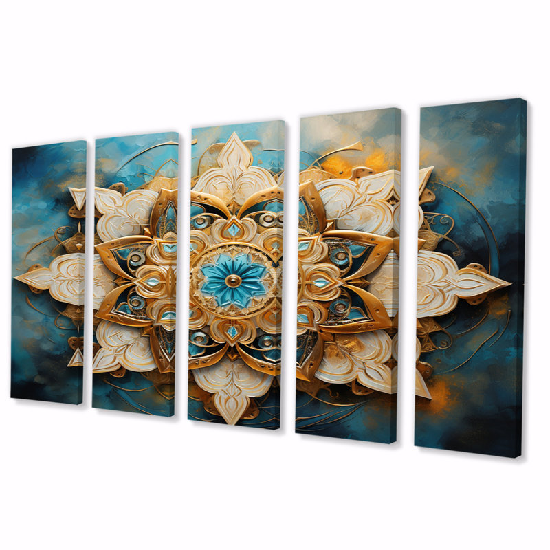 Divine Mandala en or rétro et turquoise II - impression sur toile Mandala Boho - 5 panneaux égaux