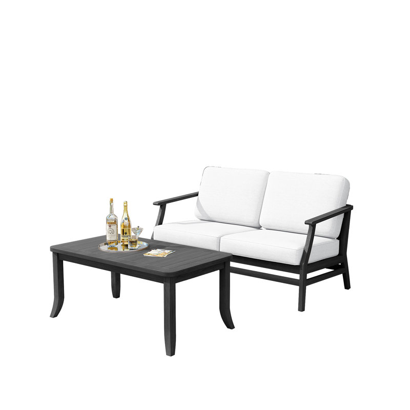 Polett Teak Outdoor Two-person Patio Set With Cushions And Side Table, Beige, Black