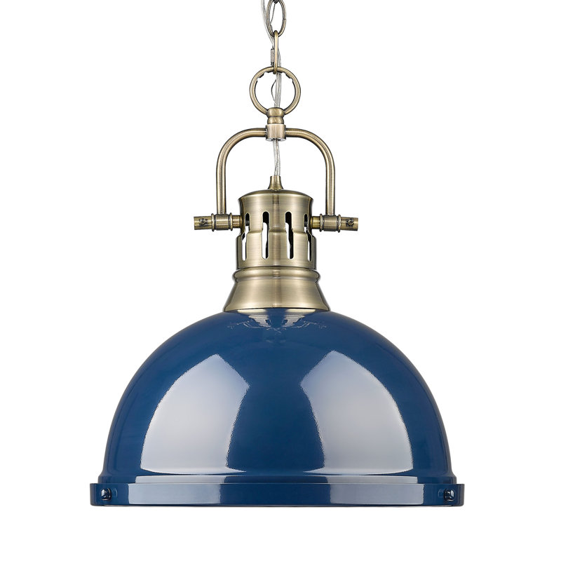 Luminaire suspendu 1 lumière avec chaîne Cajoux, Laiton vieilli, Bleu marine mat, H 14 po x l 14 po