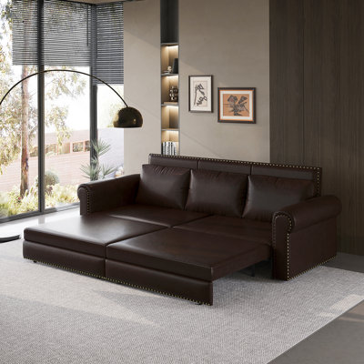 King Pull Out Sofa Bed, 3-in-1 Faux Leather Convertible Sleeper Sofa by Red Barrel Studio