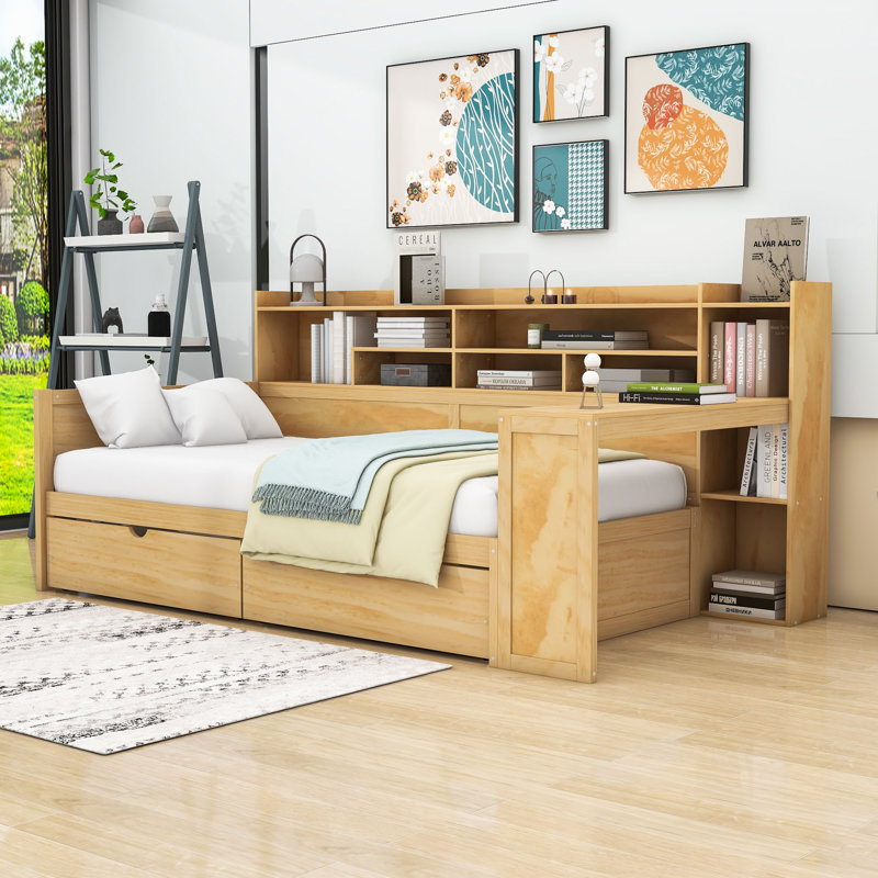 Wood Daybed with Storage Shelves,2 Storage Drawers and Study Desk, Natural, Twin
