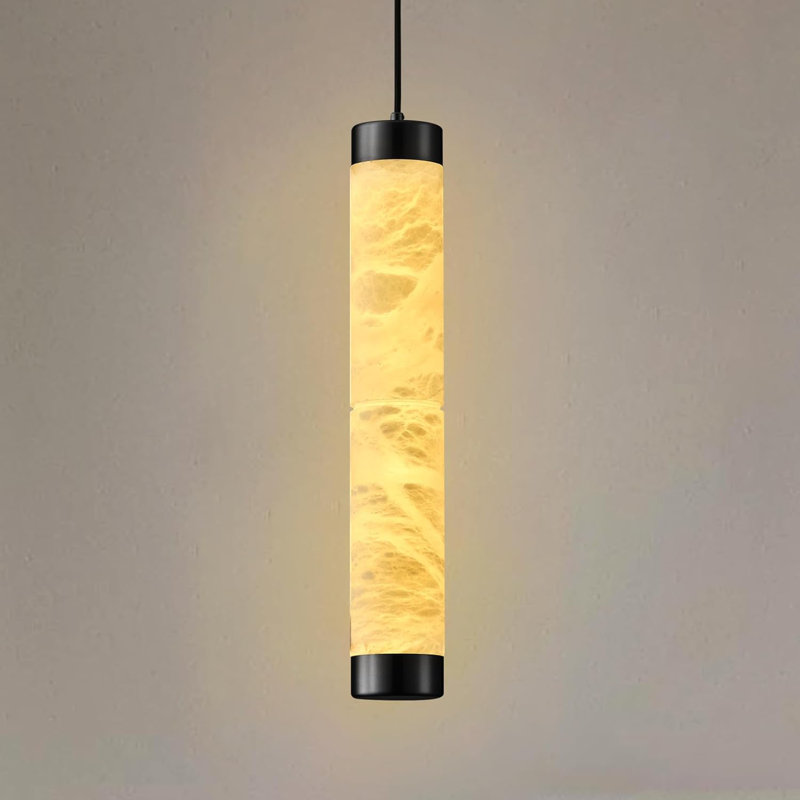 Modern 1- Light Alabaster Pendant Lights Kitchen Island, Black Cylinder Cylinder Marble Long Pendant Light, Matte Black