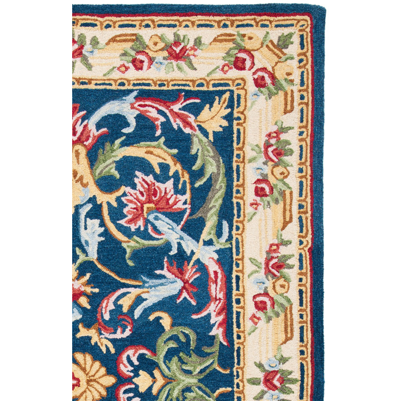 Ozella Hand Tufted Wool/Cotton Oriental Rug in Ivory/Navy, Runner 2'3" x 10'