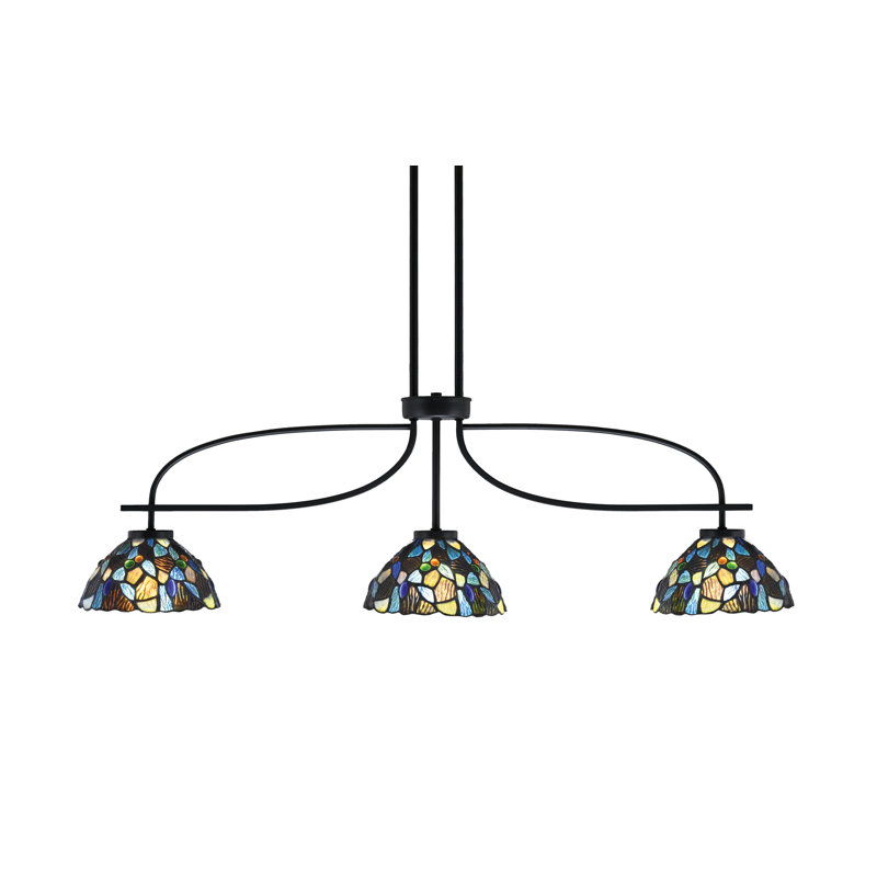 Luminaire pour îlot de cuisine 3 lumières Amelee Cavella au fini noir mat avec verre d'art mosaïque bleu de 7 po