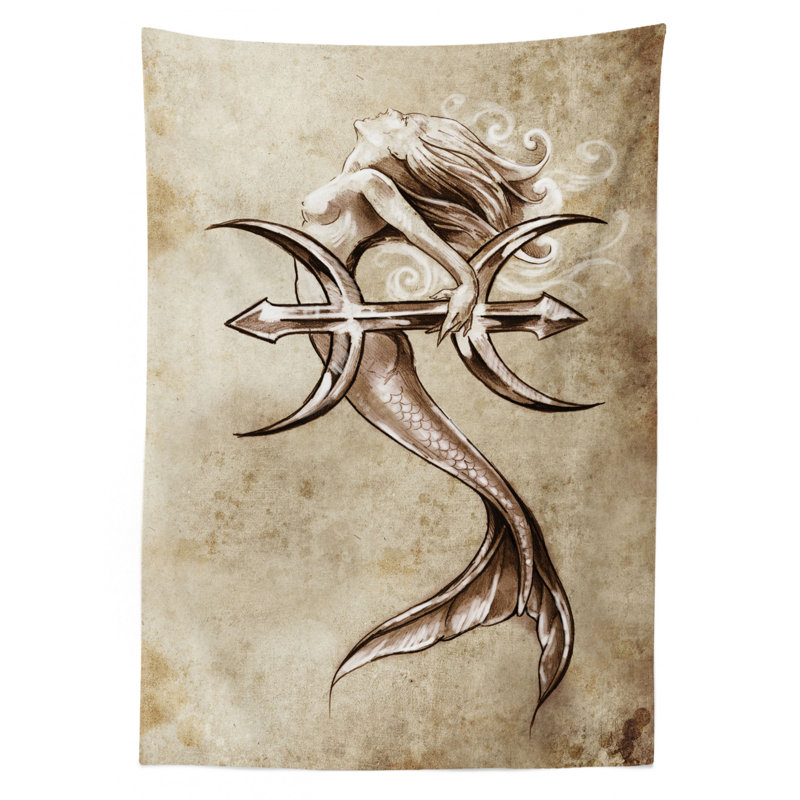 Ambesonne Mermaid Tablecloth, Vintage Mermaid In The Sea With An Anchor Mythical Aquatic Creature Graphic Art, Rectangular Table Cover For Dining Room Kitchen Decor, 60" X 84", Beige Brown