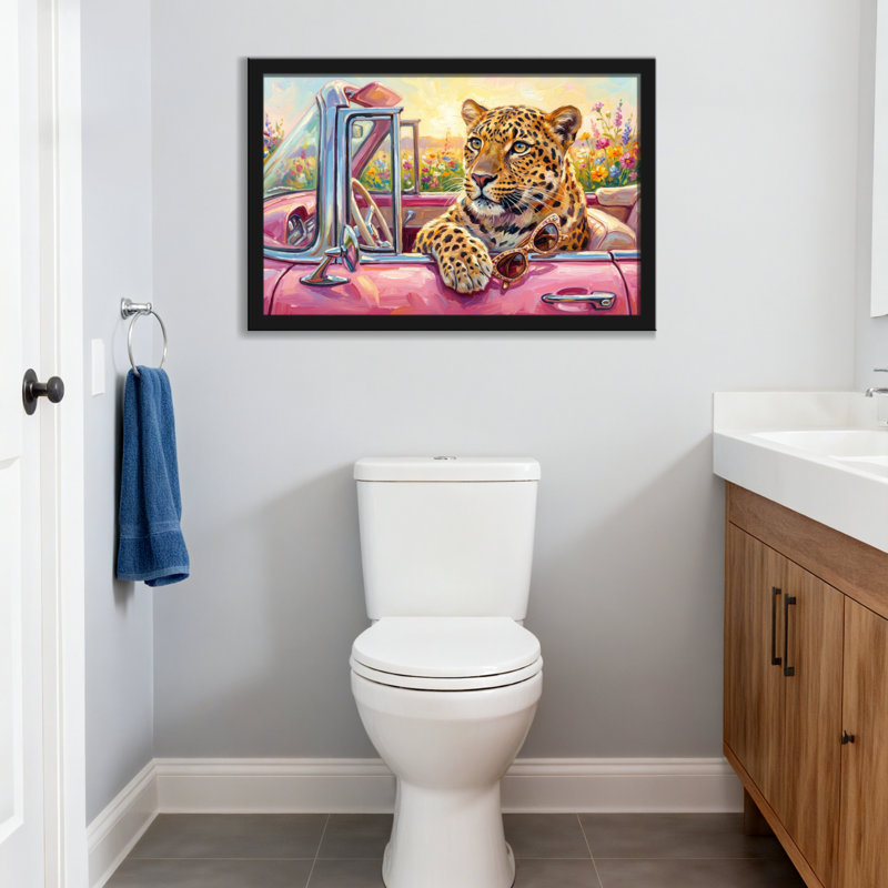Animaux léopard dans une voiture rose avec lunettes de soleil, H 20 po x l 30 po, Toile tendue, Ne s’applique pas