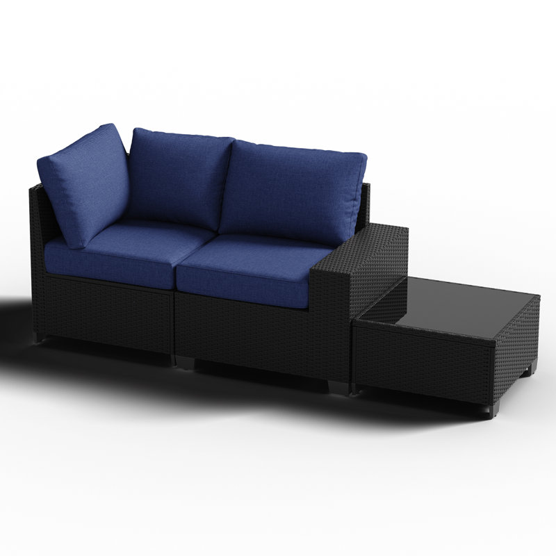 2 -Person Rattan Patio Safo With Cushions, Navy, Black