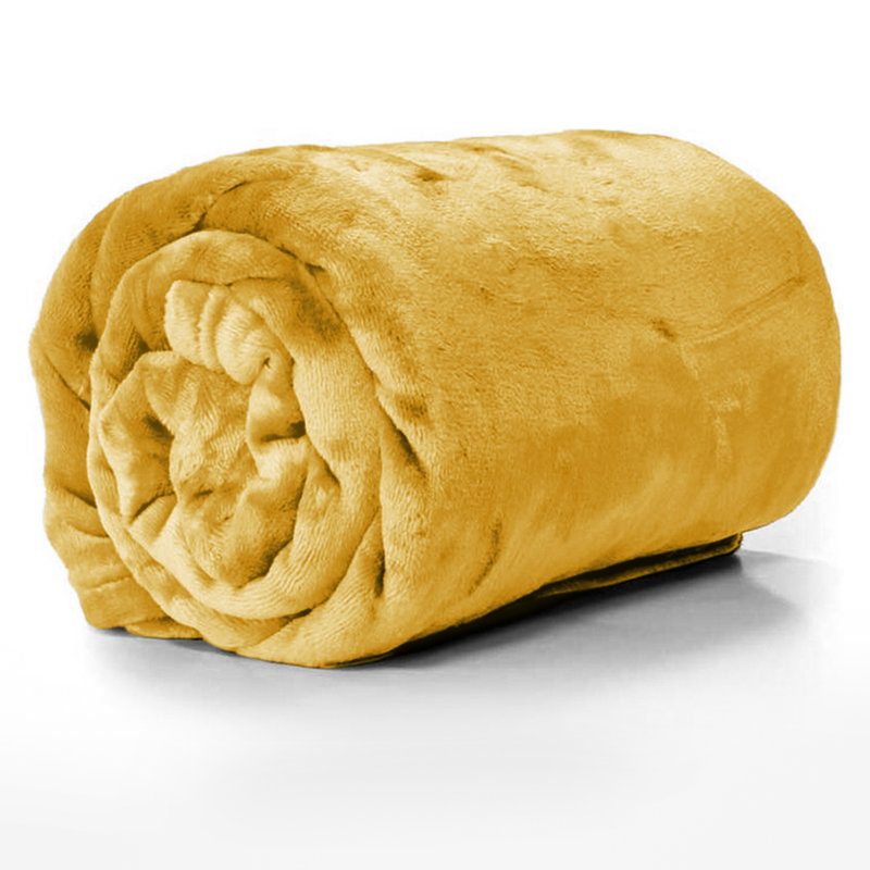 Reversible Mink Faux Plush Fur Fleece Blanket, Ochre, Queen