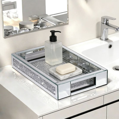 Mirrored Vanity Tray With Handles, Crushed Diamond Glass Organizer For Perfume, Jewelry, And Makeup, Decorative Dresser Tray For Bathroom And Living R