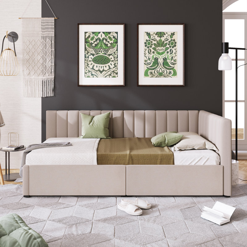 Upholstered Daybed With 2 Storage Drawers  Sofa Bed Frame No Box Spring Needed, Beige
