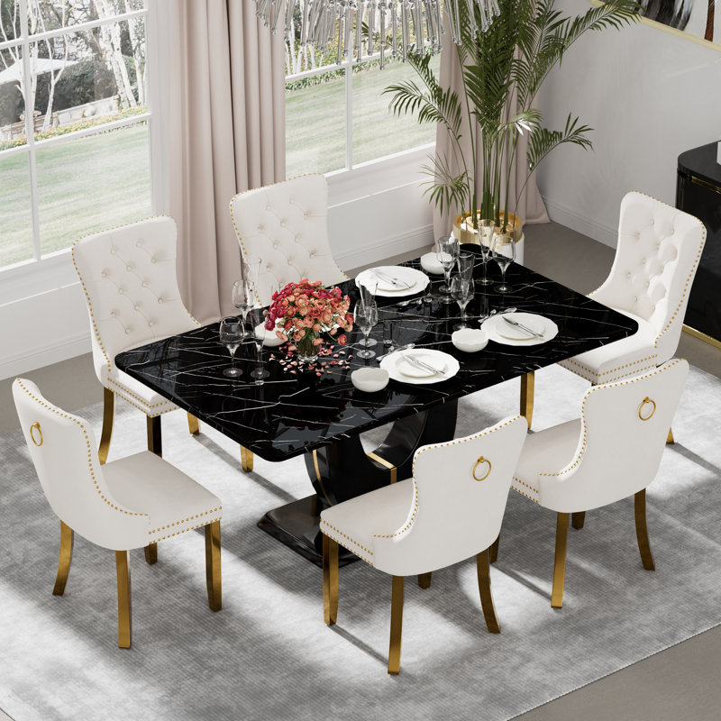 Rectangle Marble Texture Dining Table Set, Beige, 7, Black