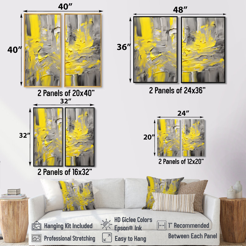 Moutarde jaune et gris vif IV - art mural abstrait, 36" H x 48" W, Framed Print without Mat, Black
