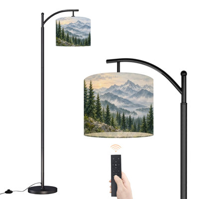 Arc Floor Lamp with Adjustable Lampshade Mountain Landscape Forest Standing Lamp 3 Color Temperatures Dimmable Tall Pole Lamp with Foot Switch for Bedroom