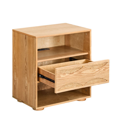 Rattan Nightstand with Charging Station Drawer and Open Shelves