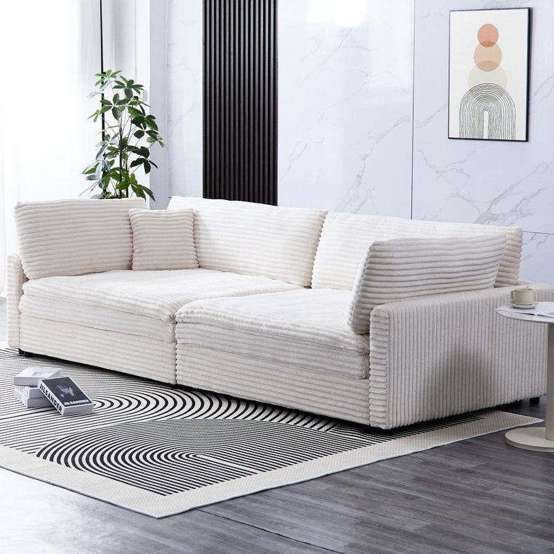 Velours côtelé 112 pouces beige, quatre sièges, structure en bois massif, siège à ressorts en forme de S et deux coussins décoratifs pour se détendre en velours côtelé, dimension,