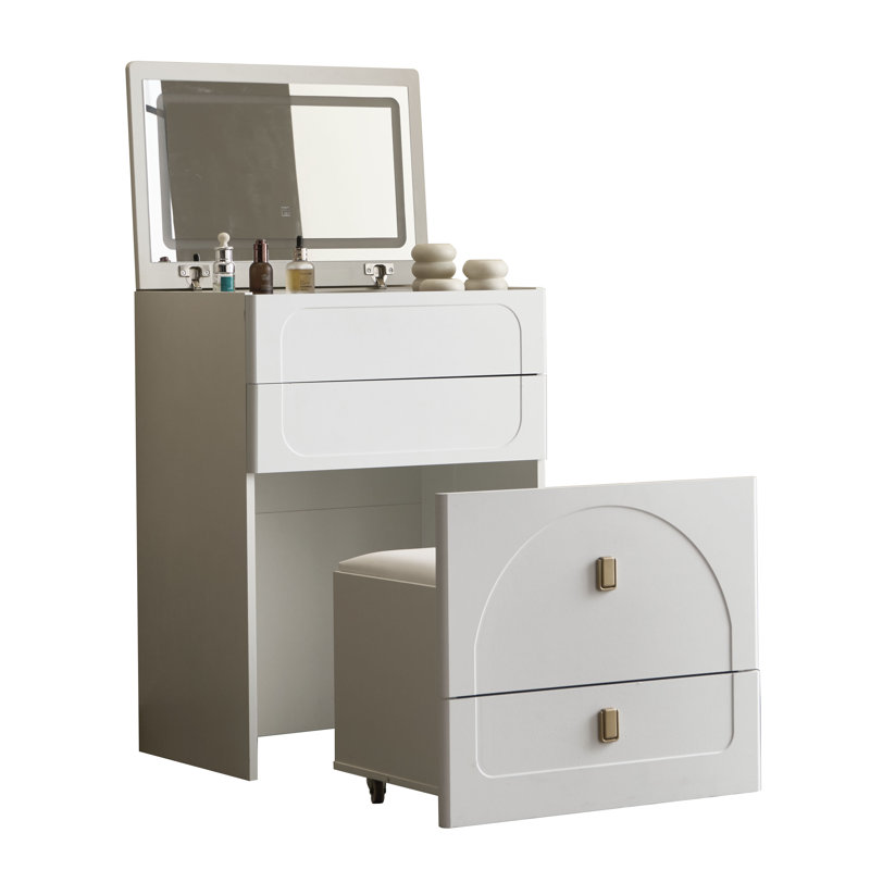 Bureau de coiffeuse 3-en-1 Clirim avec miroir rabattable, lumière DEL et tabouret