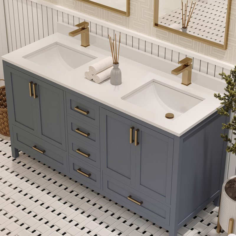Meuble-lavabo double 60 po avec plateau en quartz blanc Rooh, Gris, Or brossé