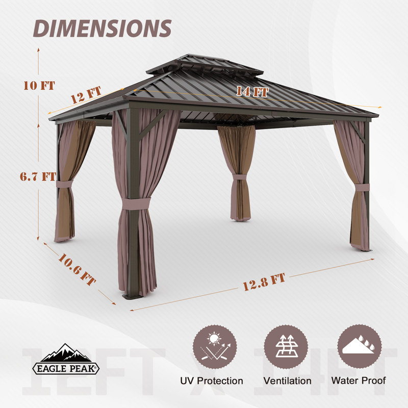 EAGLE PEAK 12x14 Brown Aluminum Frame Hardtop Gazebo with Curtains