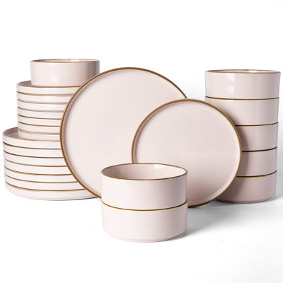 Nebula Plates And Bowls Sets, 24 Piece Dinnerware Sets,Light Pink with Brown Rim