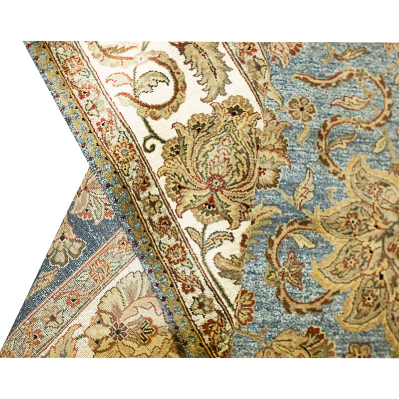 Hand Knotted Wool Area Rug in Blue And Ivory