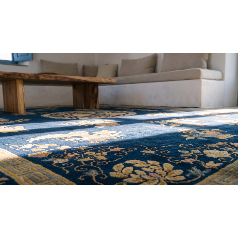 Antique Art Deco Chinese Floral, Medallion Blue Navy, Ivory Beige Cream White 1920s Rug