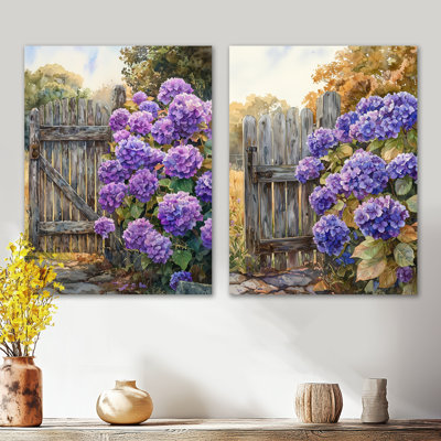 Été hortensias par la ferme clôture I - Nature, impression d'art mural en métal 2 pièces