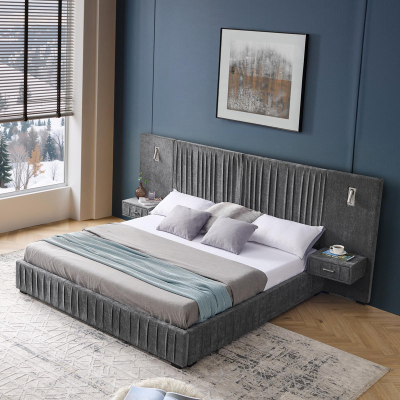 Très grande base de lit tapissier avec tête de lit, Très grand lit, Gris foncé