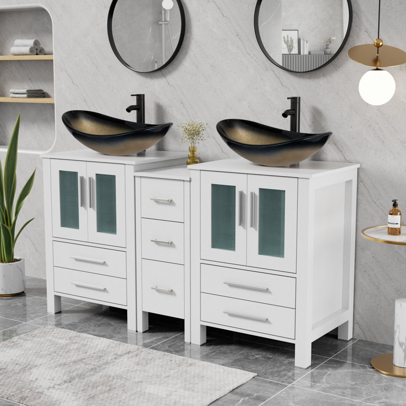 Ensemble de meuble-lavabo à double cuve 60 "avec lavabo vasque, plateau en bois manufacturé, robinet et bonde Sharee, Blanc