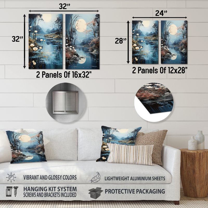 Blue Moonlit River Blooms I - ensemble de 3 décorations murales en métal Forest River, H 28 po x l 24 po