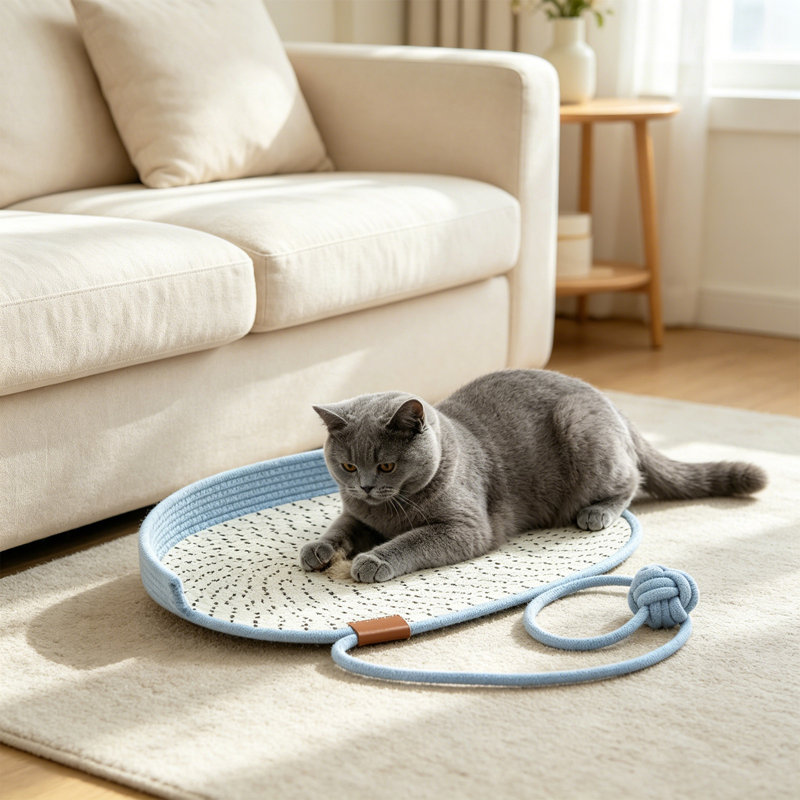 Tapis de lit pour animal de compagnie avec corde à gratter et corde rayée 15,7 x 21,7 po Summer Cool, Bleu clair