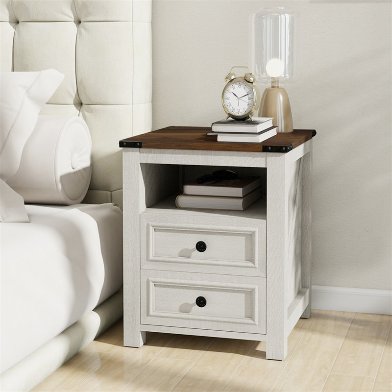 Nightstands With Charging Station, Rustic 18 Inch Bedside Table With 2 Storage Drawers And Open Shelf, White, Individual