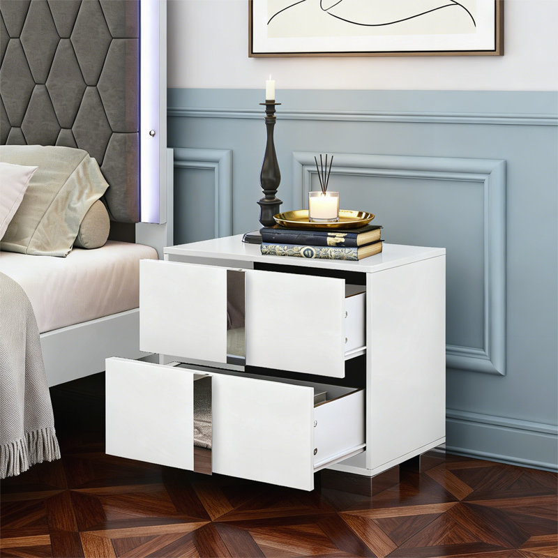Table de chevet avec 2 tiroirs pour la chambre à coucher et le salon, Blanc