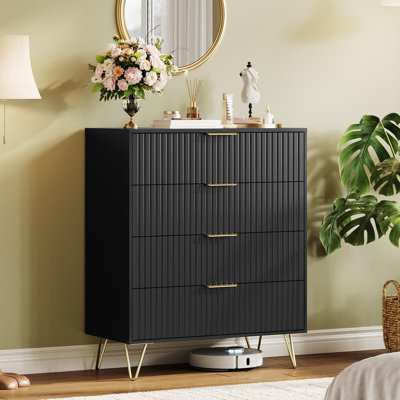 Modern Wood Dresser with 4 Fluted Drawers, Large Storage Chest for Bedroom or Living Room