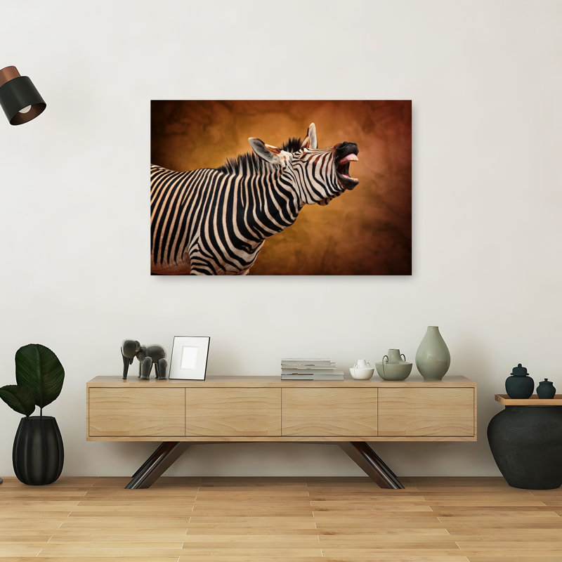 Roaring Zebra Dramatic Contemporary Zebra Nature Portrait Wall Art Print by Antje Wenner-Braun - Wrapped Canvas Print
