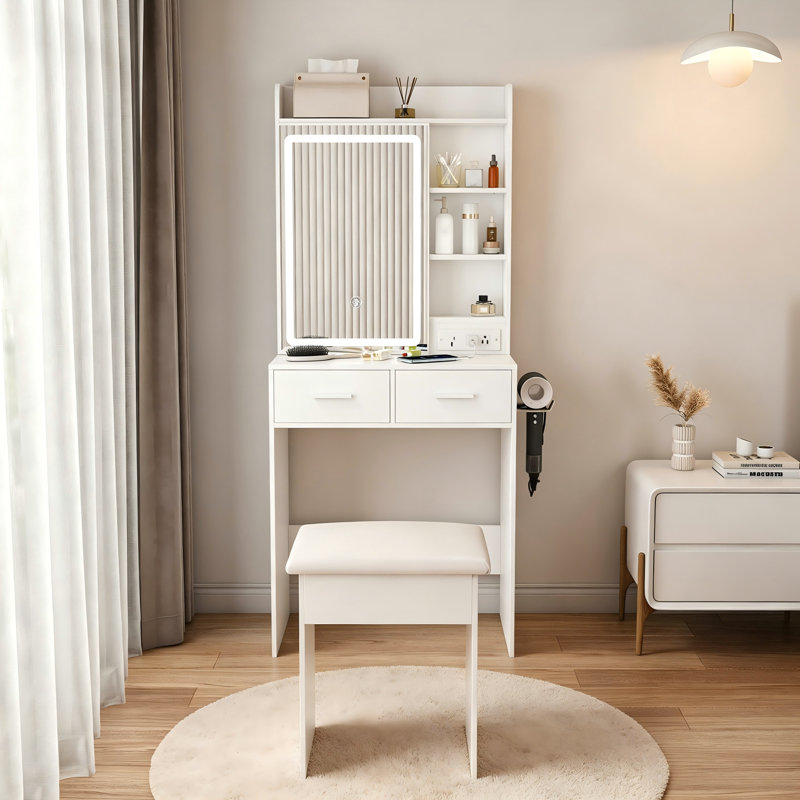 Petite coiffeuse avec miroir lumineux DEL réglable, prise électrique intégrée, rangement dissimulé, tabouret rembourré et étagère, idéale pour la chambre ou la maison, blanche.