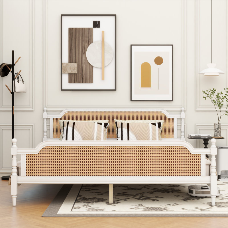 Traditional Style Rattan Bed Frame,No Box Spring Needed, King, Antique White