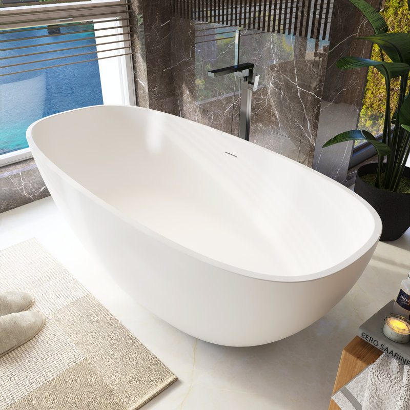 Modern Minimalist Freestanding Soaking Tub - 65.2"x29.7" Solid Surface Bathtub (Matte)