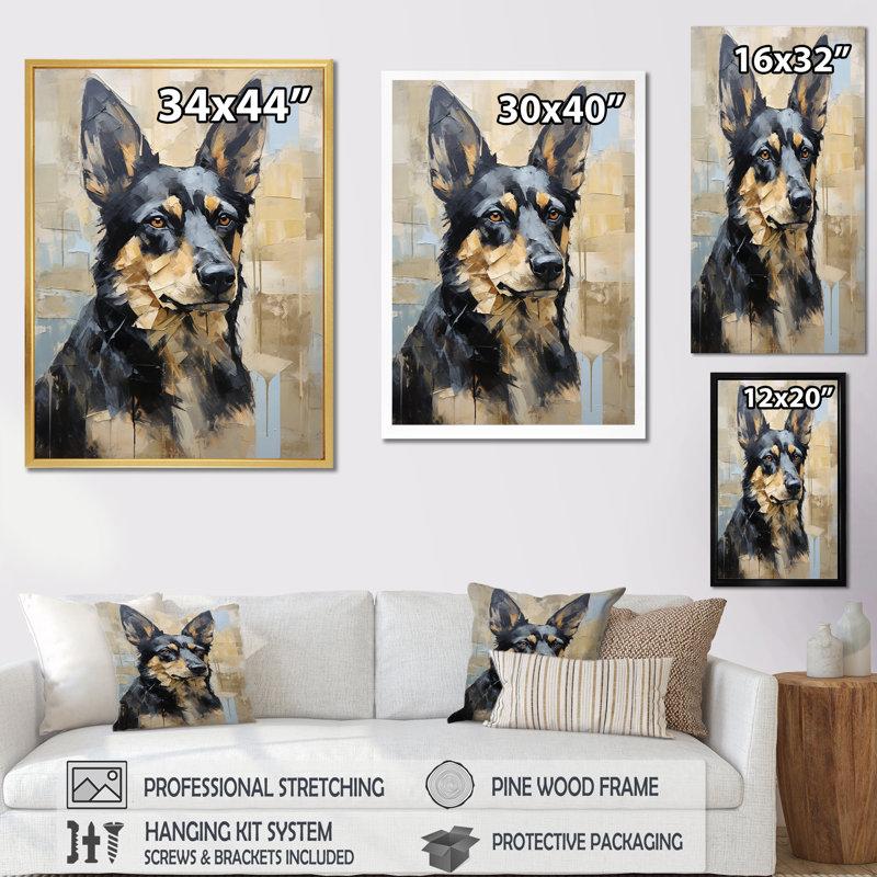 Portrait d'un drôle de berger allemand sur toile, Cadre doré simple, H 40 po x l 30 po x P 1,5 po