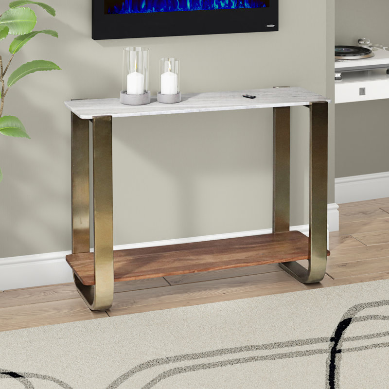Modern Wood and Metal Rectangular Living Room Table with Shelf Storage for Home Display - Small Coffee Table for Office or Bedroom Decor - Gold & Brown