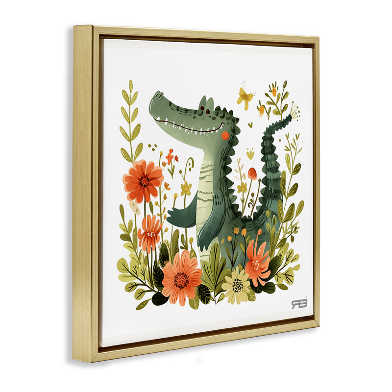 «Floral Happy Alligator», art mural encadré par Roozbeh Bahramali, H 25 po x l 25 po, Cadre flottant noir de jais