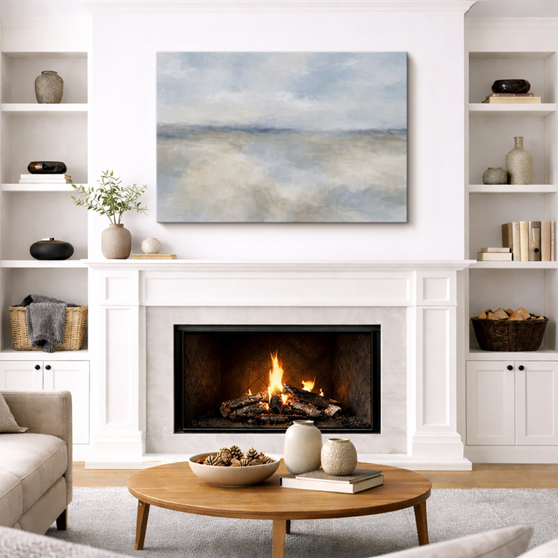 Soft Blue Beige Abstract Sky Landscape Artwork, Minimalist Living Room Pictures, Framed Canvas Giclee Print Wall Art
