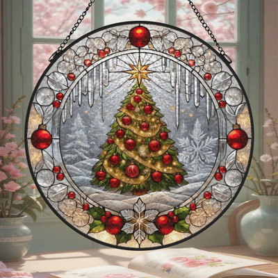 Vitrail de Noël, panneaux en vitrail attrape-soleil pour la décoration de fenêtre