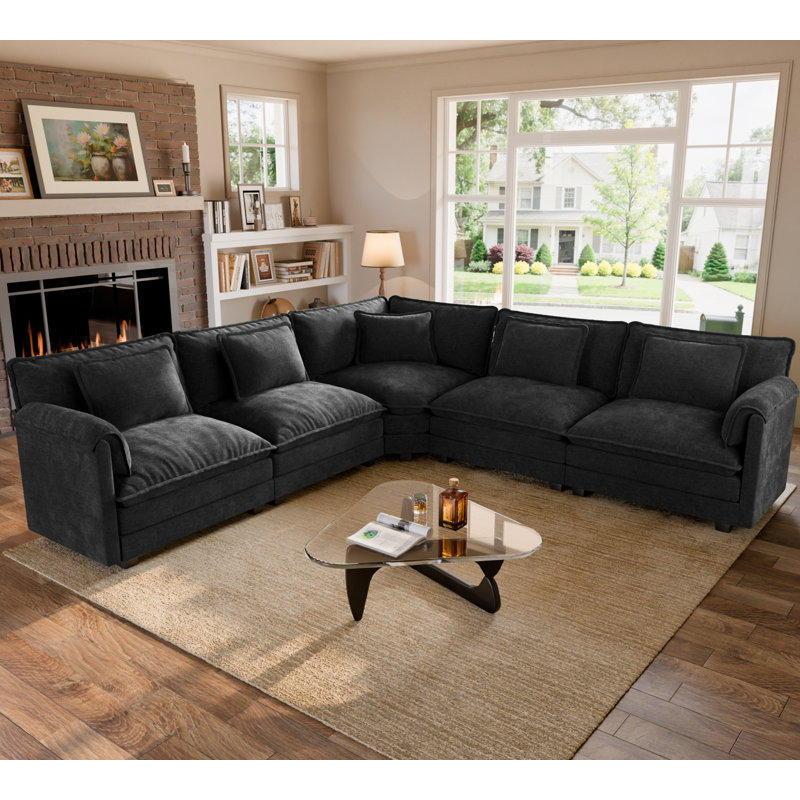Amabilia L Shaped Upholstered Boneless Corner Modular Sectional Sofa Cloud Couch - Chenille Fabric, Black Chenille