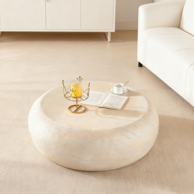 Mgo Mid-Century Round Centre Coffee Table With Vintage Faux Stone Top, Ideal For Modern And Pre-Modern Living Spaces