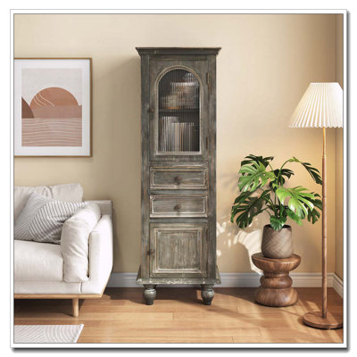 Farmhouse Tall Narrow Storage Cabinet – Rustic Wood Linen Cabinet with 2 Drawers & 2 Doors