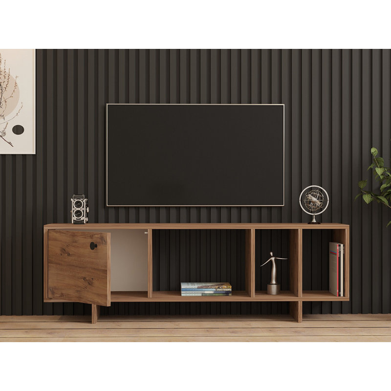 Meuble télé moderne avec option de fixation murale, pin atlantique, 55,1 po x 17,7 po x 11,4 po | 100% panneau de particules enduit de mélamine, épaisseur: 0,7 pouce | Vaste espace de rangement avec de nombreuses tablettes, design élégant et fonctionnel