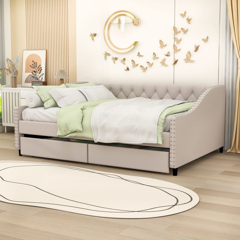2 Drawers Upholstered Full Daybed with Sturdy Slats Support, Beige